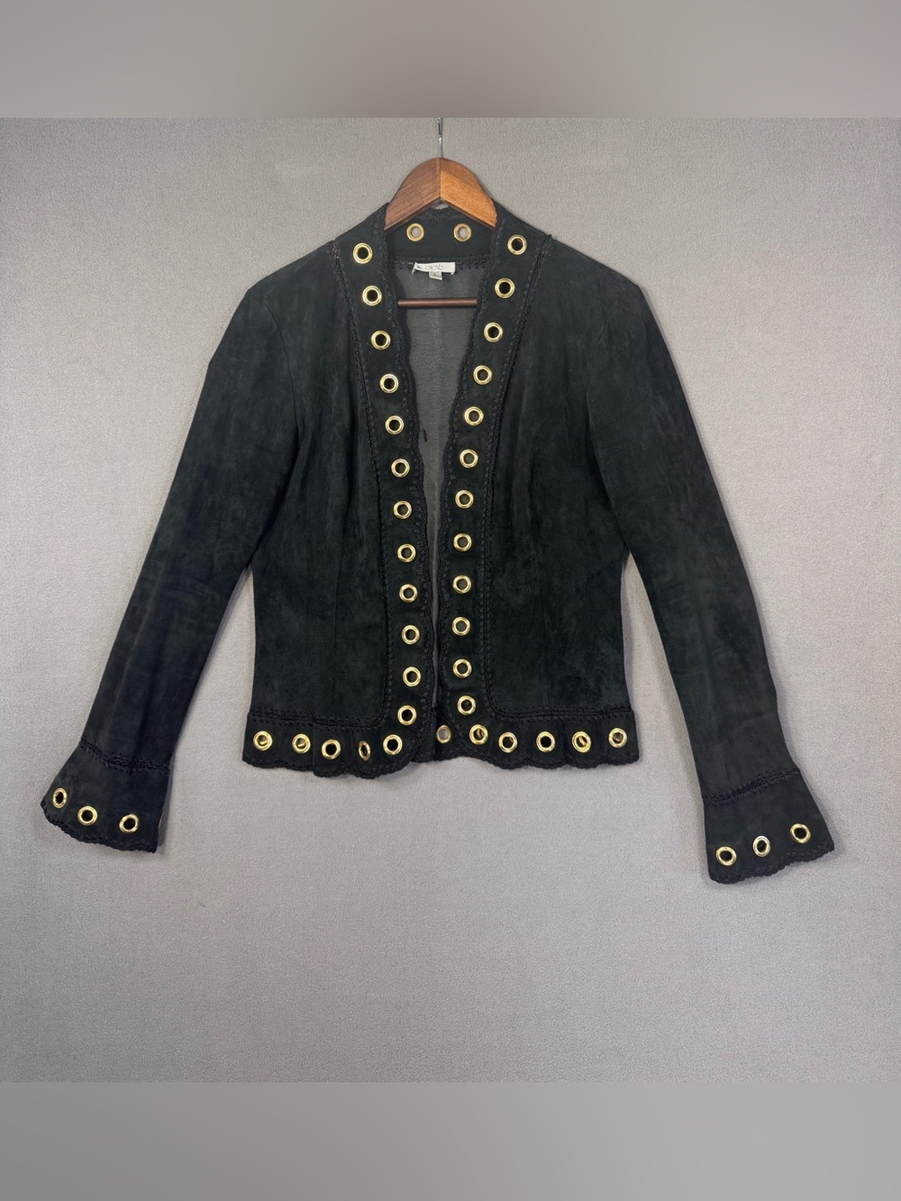 Vintage Cache Black Suede Leather Jacket w/ Grommet Trim, Scalloped Hem, L